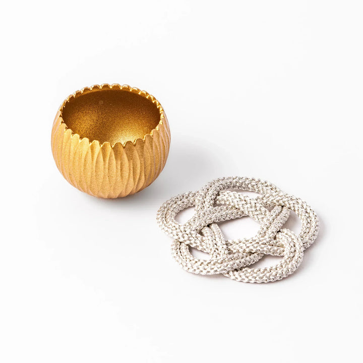 Gold Japanese hydrangea mini prayer bowl with sculpted petal design striker and decorative cushion set.