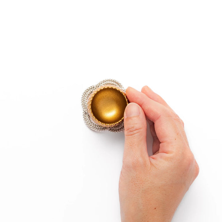 Gold Japanese hydrangea mini prayer bowl with sculpted petal design striker and decorative cushion set.