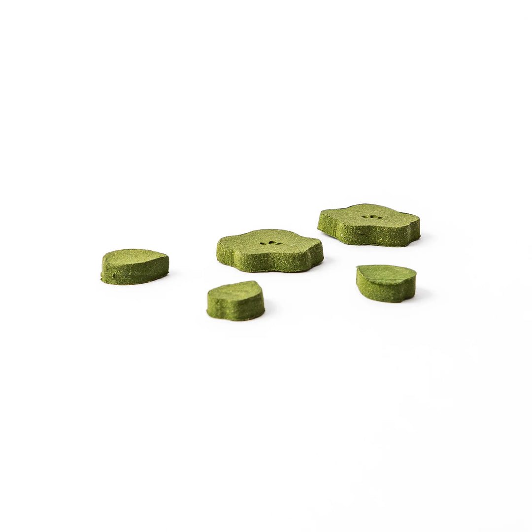 Japanese matcha pressed incense pieces in floral and leaf shapes, green scented incense for relaxation and home fragrance