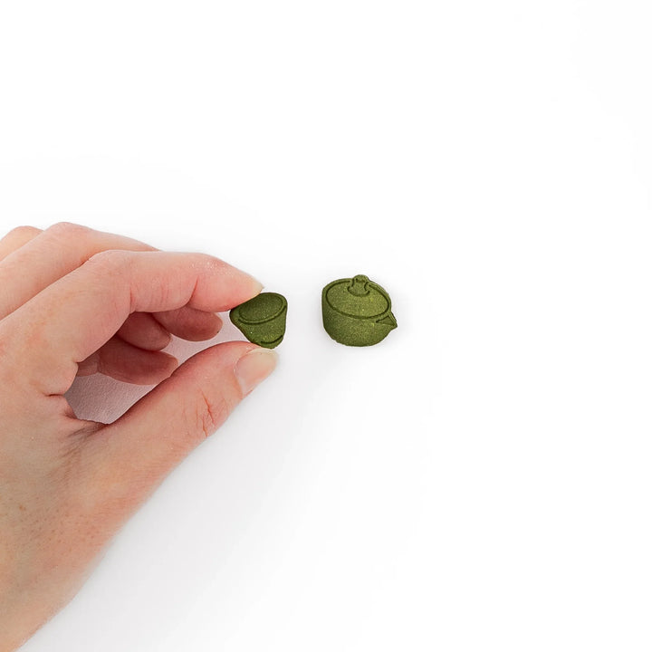 Japanese matcha pressed incense in teapot and teacup shapes, green scented incense pieces for relaxation and home fragrance