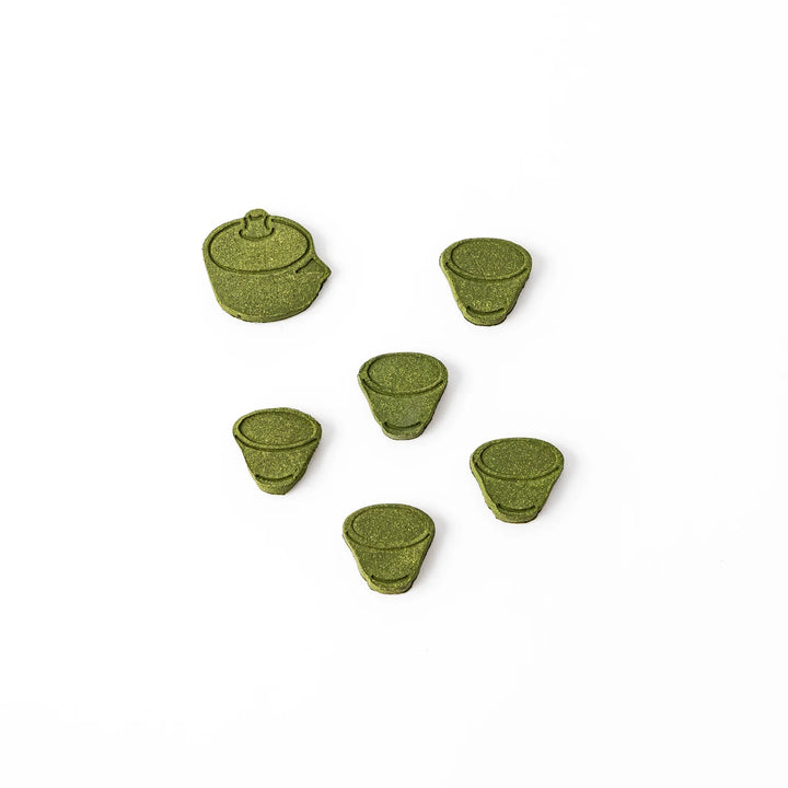 Japanese matcha pressed incense in teapot and teacup shapes, green scented incense pieces for relaxation and home fragrance