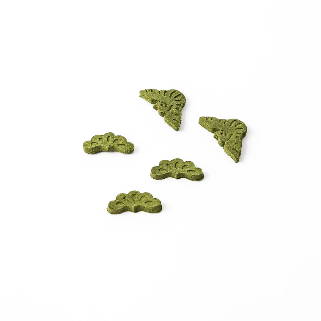 Japanese matcha pressed incense pieces in pine tree shapes, green scented incense for relaxation and home fragrance