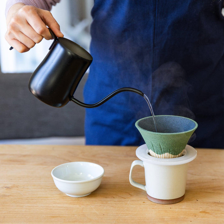 Nami from Just One Cookbook brewing coffee with Matte Black Precision Pour Kettle and ceramic dripper