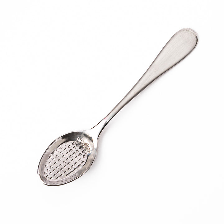 Japanese stainless steel strawberry spoon features flat embossed bottom for mashing fresh fruit easily