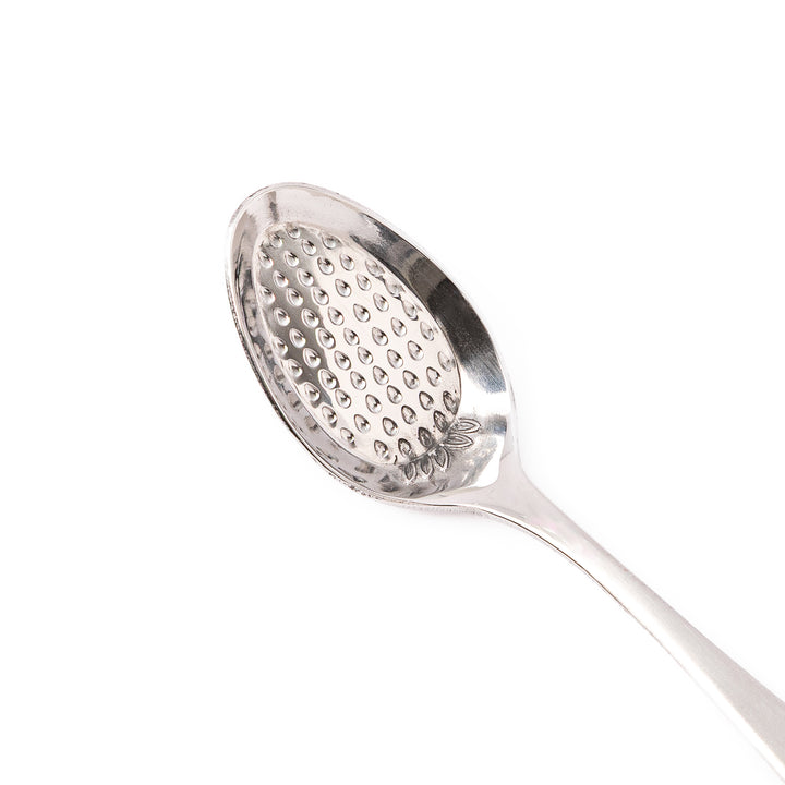 Japanese stainless steel strawberry spoon features flat embossed bottom for mashing fresh fruit easily