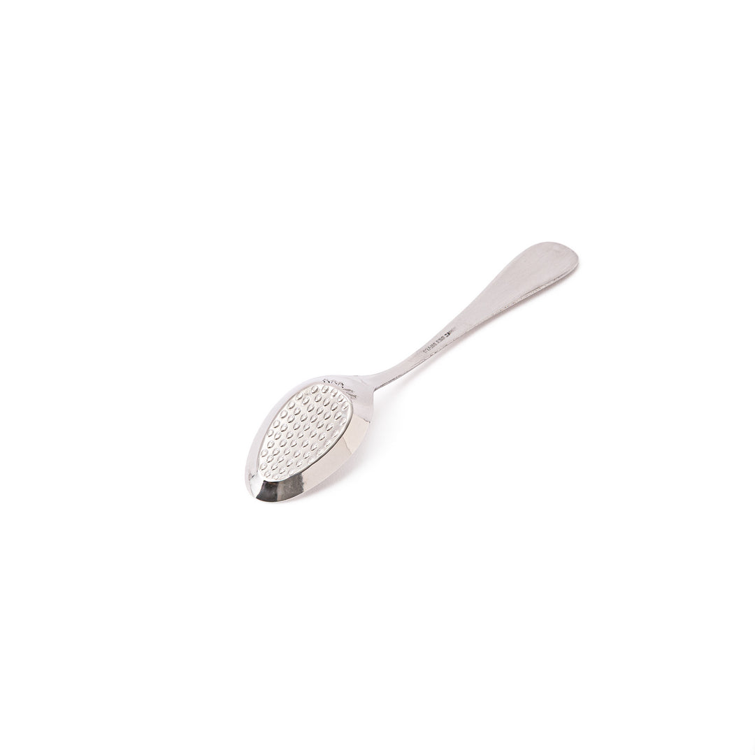 Japanese stainless steel strawberry spoon features flat embossed bottom for mashing fresh fruit easily