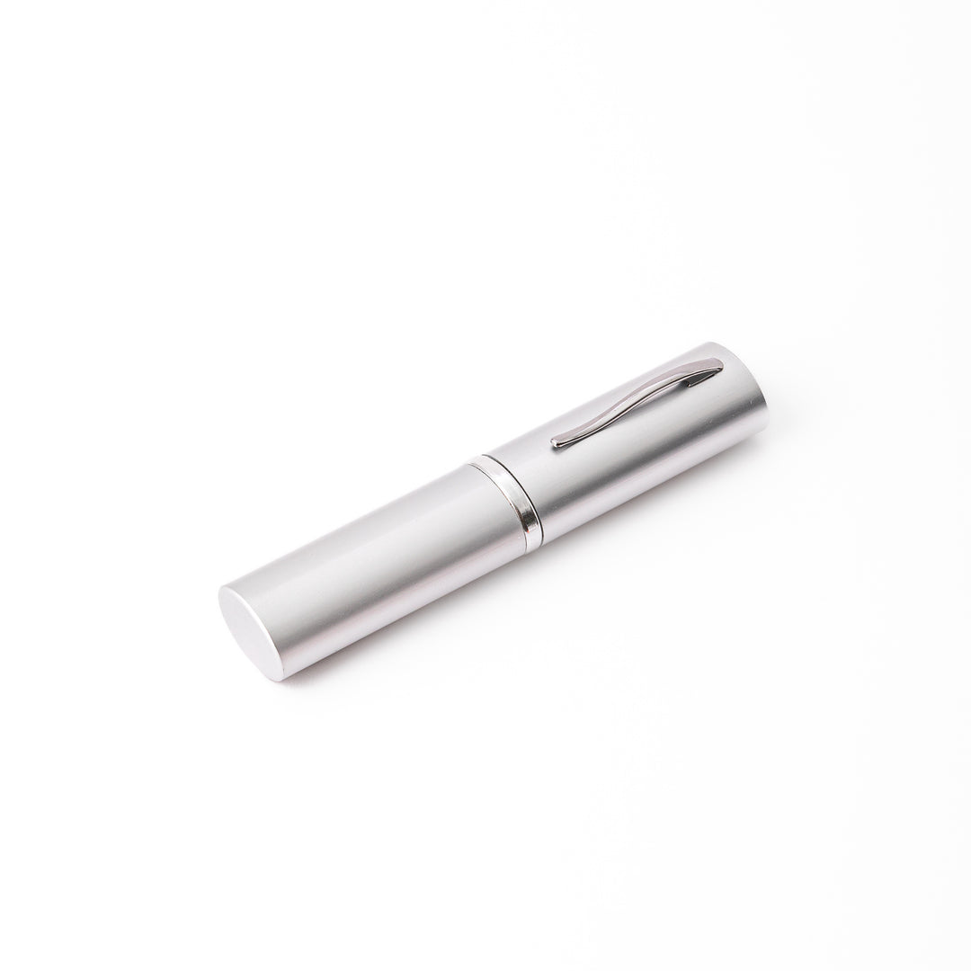 Sleek silver aluminum Japanese travel chopsticks case designed to look like a premium pen for stylish storage