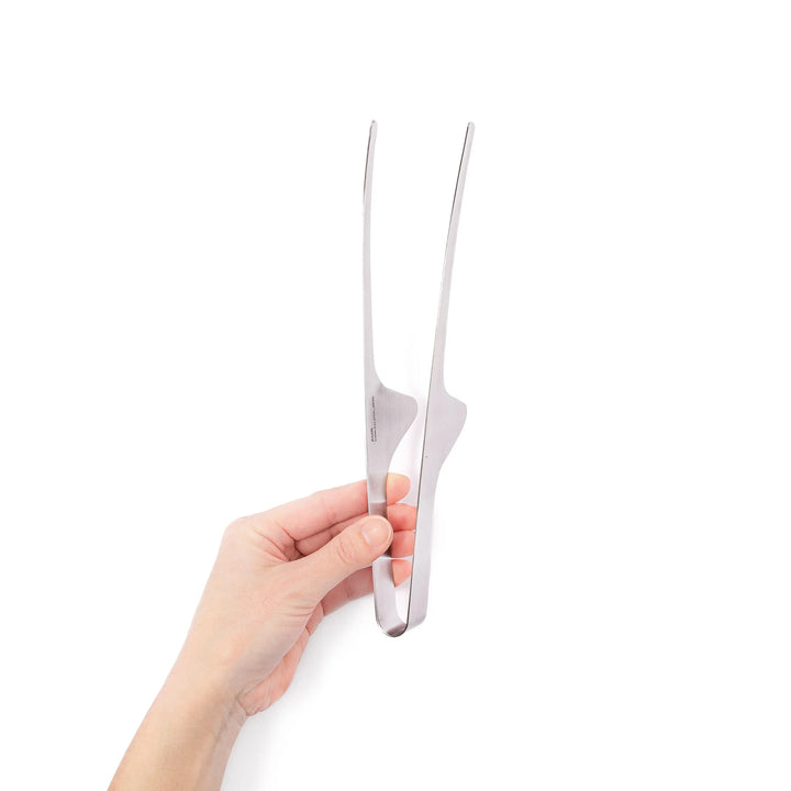 Japanese stainless steel precision tongs with long narrow tips for delicate food handling and plating