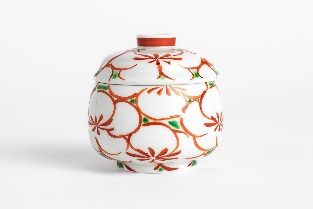 Japanese porcelain chawanmushi cup with lid featuring red and green hand painted floral pattern