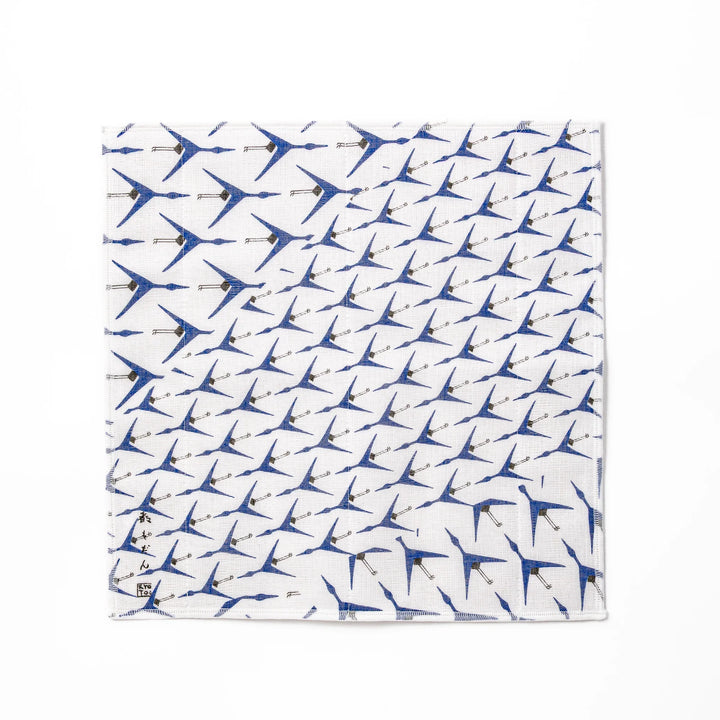 Kyoto Yuzen dyed Kaya cotton kitchen cloth featuring a repeating blue Japanese crane pattern on white fabric with a modern touch