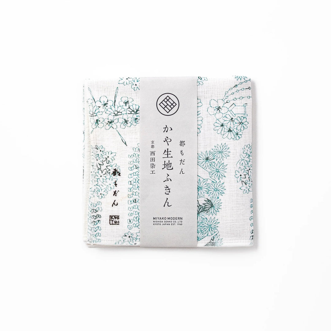 Kyoto Yuzen dyed Kaya cotton kitchen cloth with a Japanese hair ornament design and elegant paper packaging
