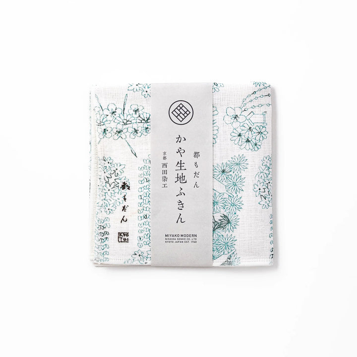 Kyoto Yuzen dyed Kaya cotton kitchen cloth with a Japanese hair ornament design and elegant paper packaging