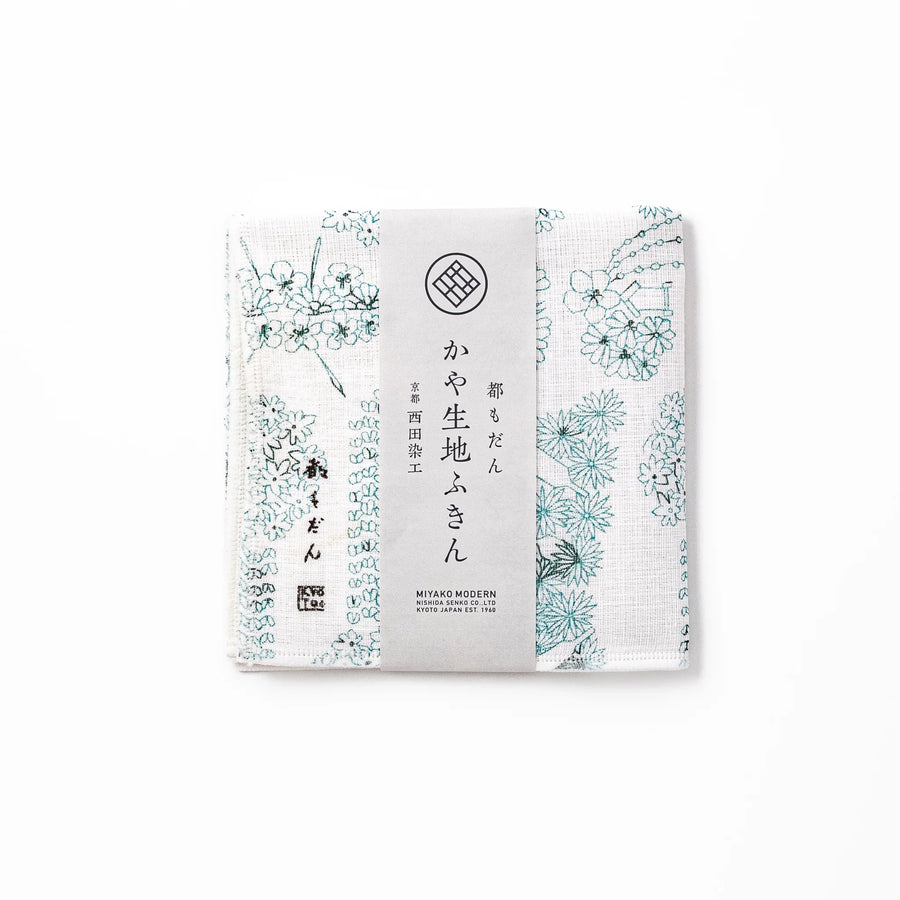 Kyoto Yuzen dyed Kaya cotton kitchen cloth with a Japanese hair ornament design and elegant paper packaging