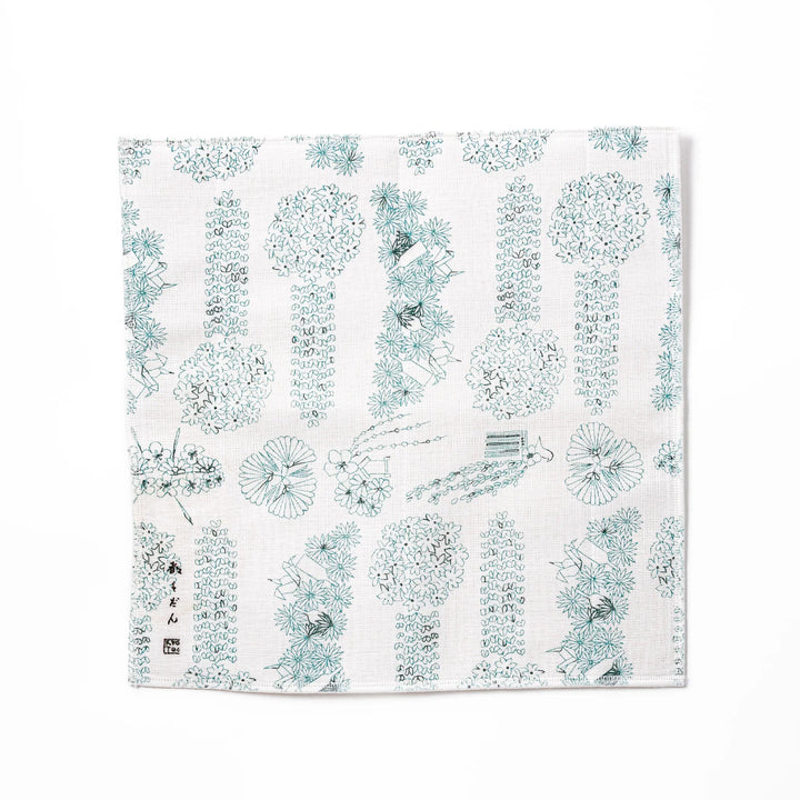 Kyoto Yuzen dyed Kaya cotton kitchen cloth with a green Japanese hair ornament pattern on white fabric