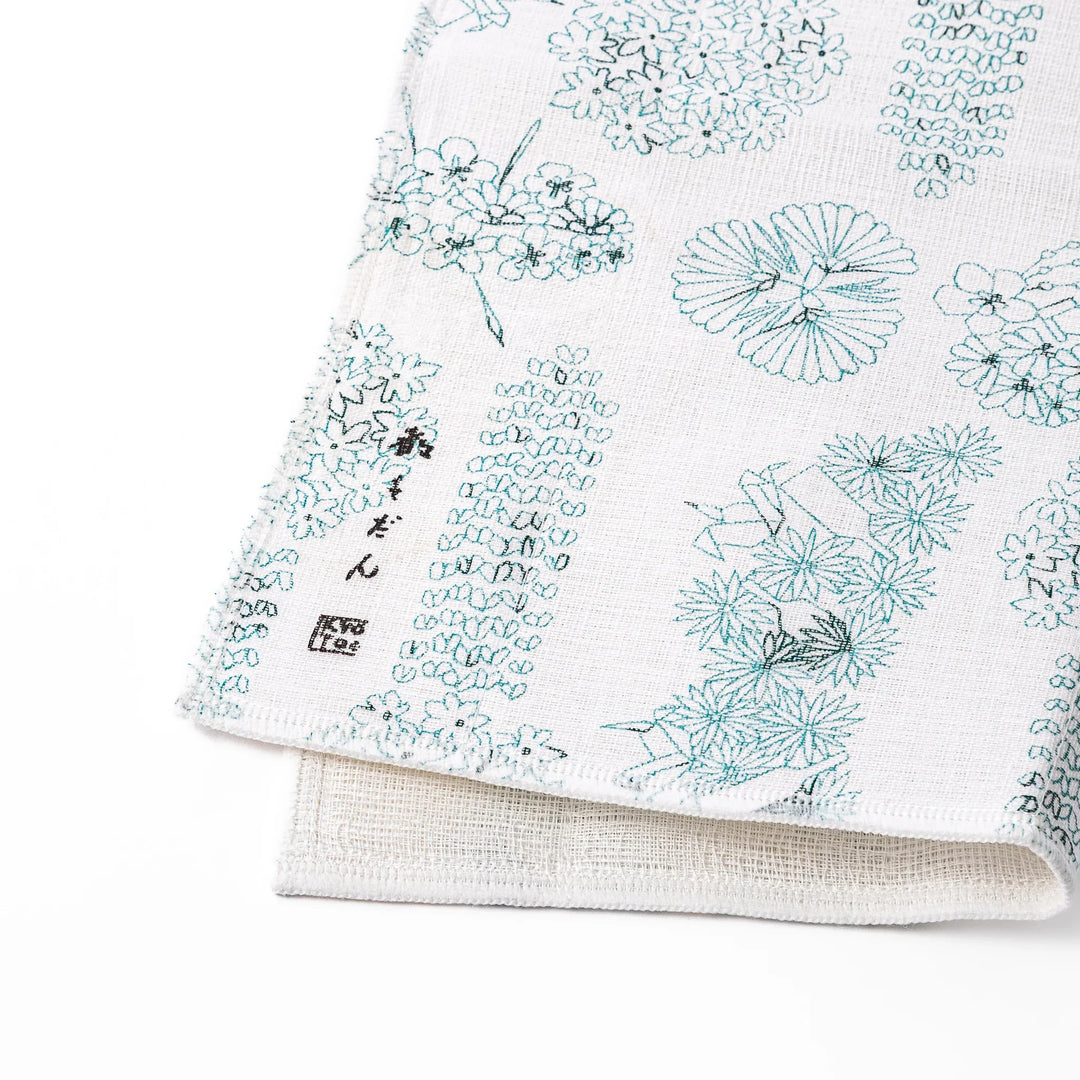 Kyoto Yuzen dyed Kaya cotton kitchen cloth with a green Japanese hair ornament pattern on white fabric