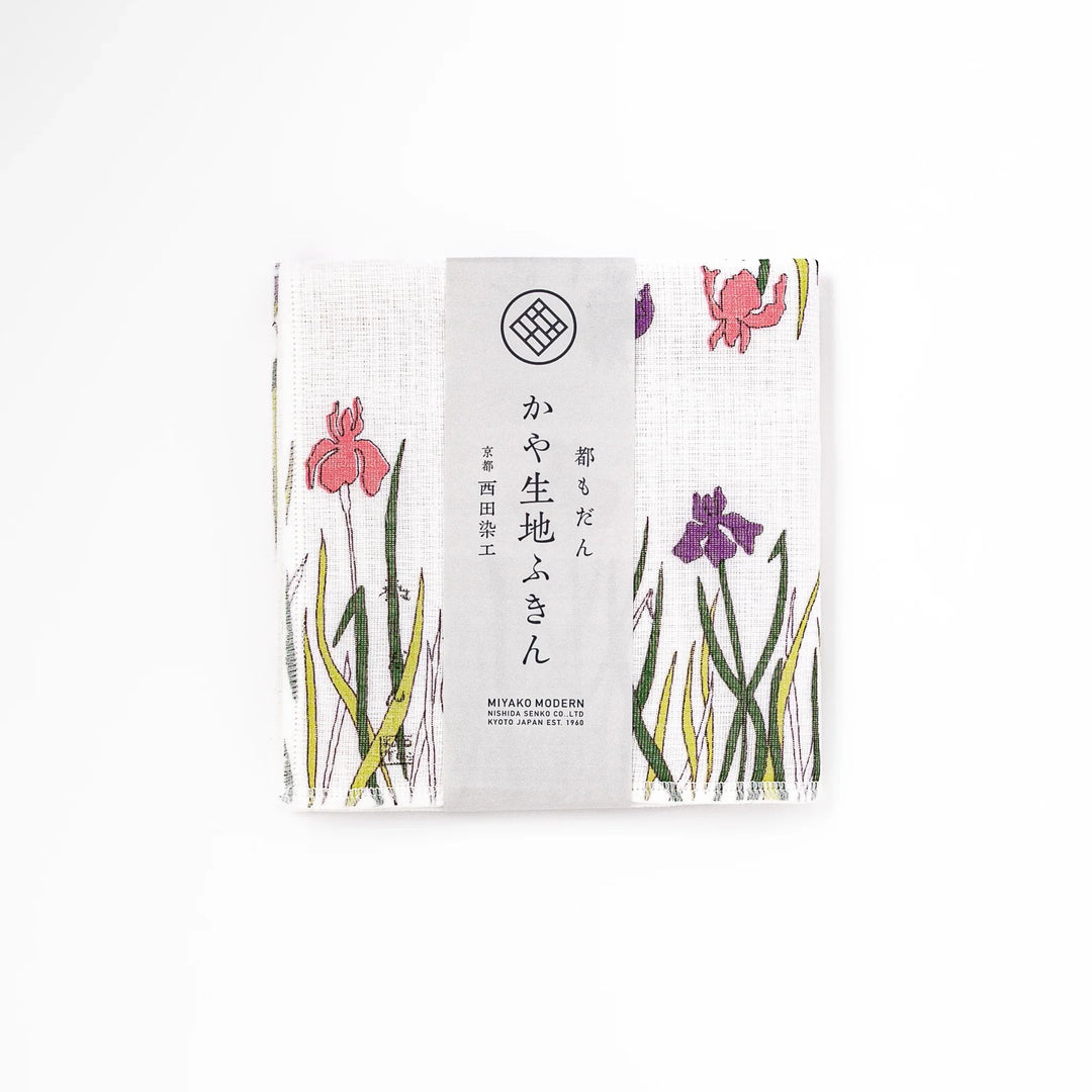 Kyoto Yuzen dyed Kaya cotton kitchen cloth with a vibrant Japanese iris floral pattern on white fabric