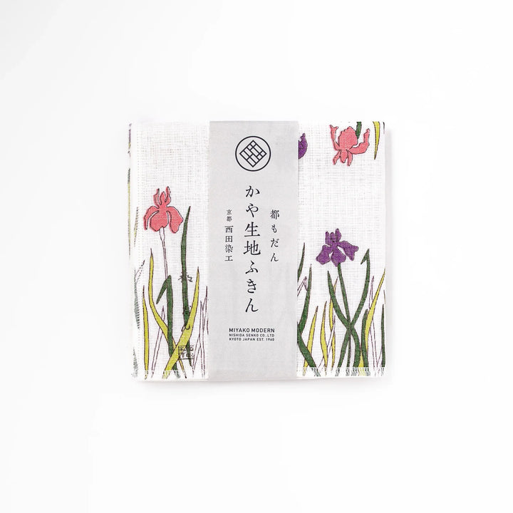 Kyoto Yuzen dyed Kaya cotton kitchen cloth with a vibrant Japanese iris floral pattern on white fabric