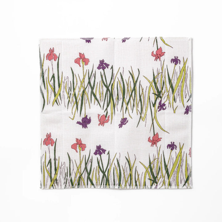 Kyoto Yuzen dyed Kaya cotton kitchen cloth with a vibrant Japanese iris floral pattern on white fabric