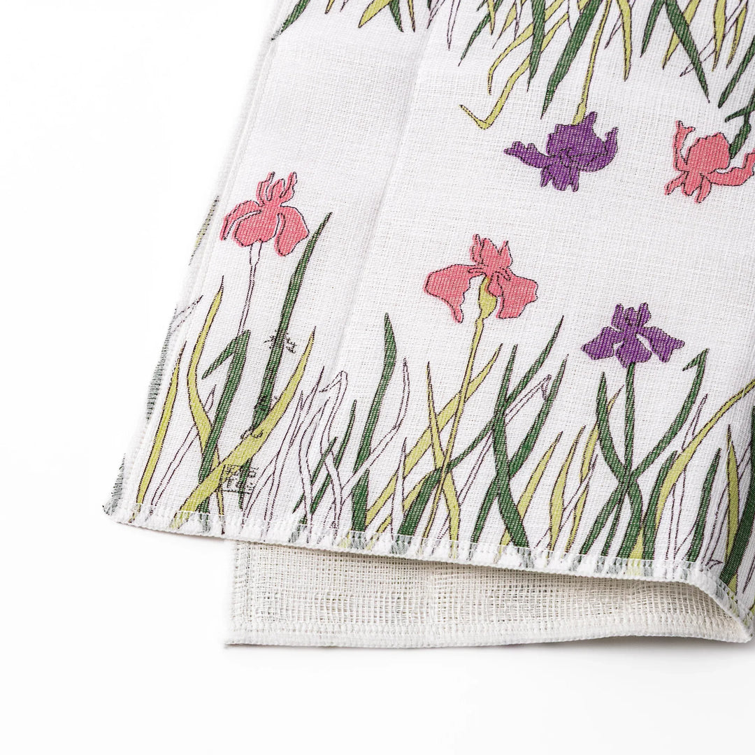 Kyoto Yuzen dyed Kaya cotton kitchen cloth with a vibrant Japanese iris floral pattern on white fabric