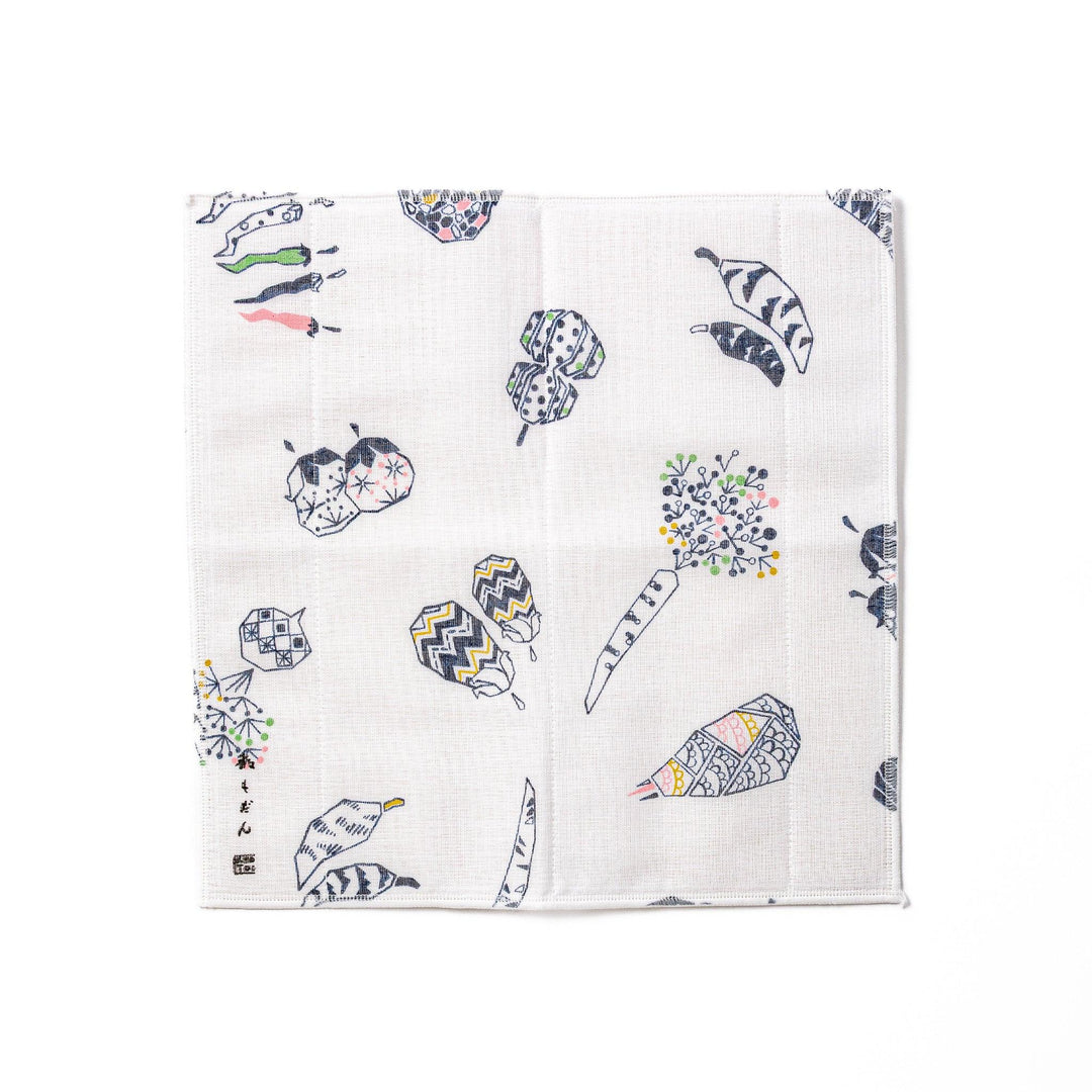 Kyoto Yuzen dyed Kaya cotton kitchen cloth with a playful Japanese Kyoto vegetables pattern featuring traditional geometric motifs
