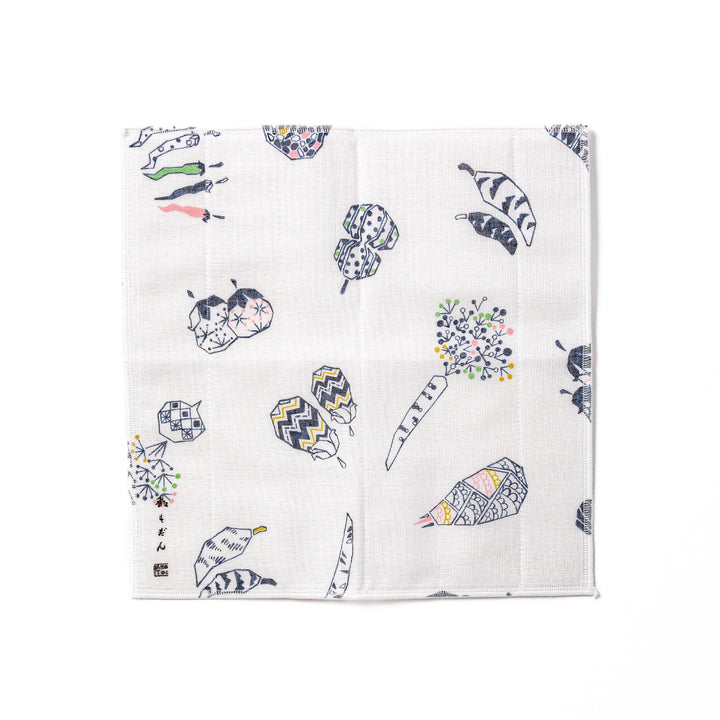 Kyoto Yuzen dyed Kaya cotton kitchen cloth with a playful Japanese Kyoto vegetables pattern featuring traditional geometric motifs