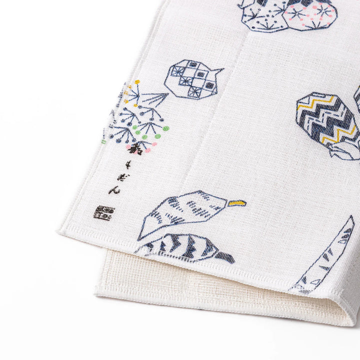 Kyoto Yuzen dyed Kaya cotton kitchen cloth with a playful Japanese Kyoto vegetables pattern featuring traditional geometric motifs