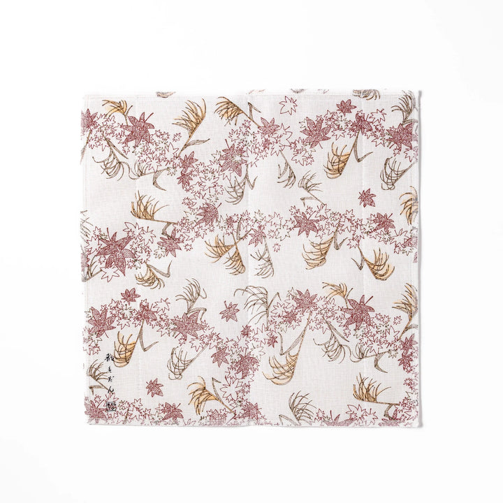 Kyoto Yuzen dyed Kaya cotton kitchen cloth featuring an elegant Japanese maple leaf and autumn grass pattern on white fabric
