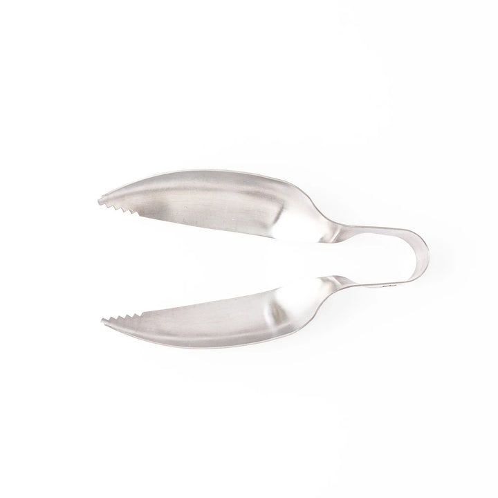 Japanese stainless steel ice scoop tongs with serrated edges and ergonomic curved design for secure grip and easy handling