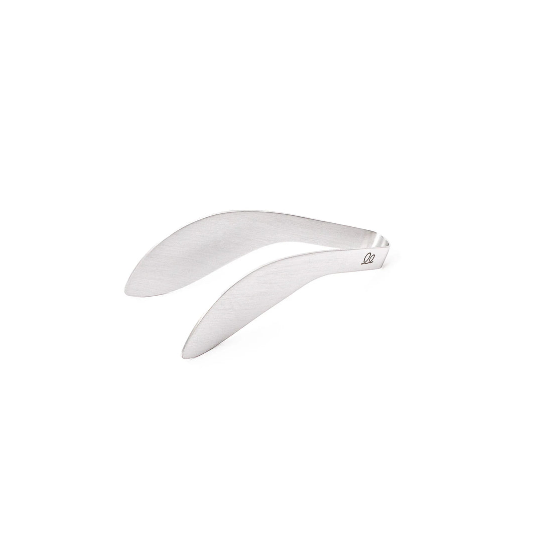Japanese stainless steel precision fingertip tongs with slim curved tips and brushed finish for delicate plating