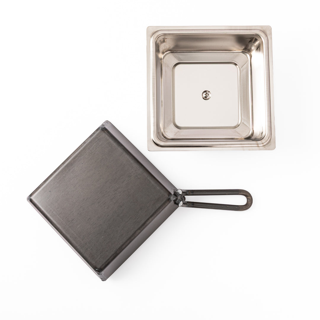 Square Japanese Luxe Carbon Steel Deep Pan with stainless steel lid displayed on a plain white background