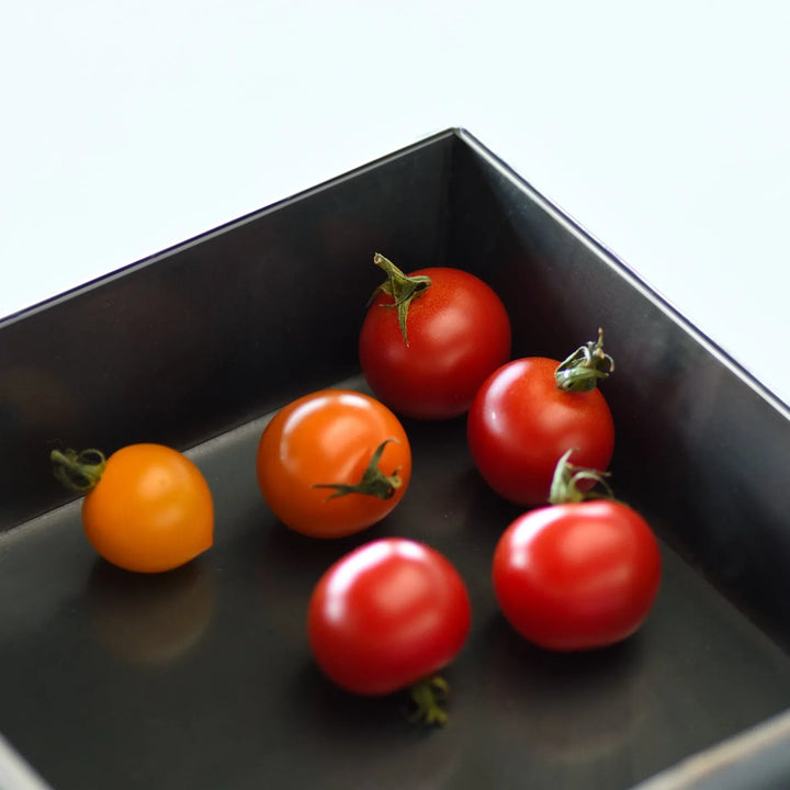 Cherry tomatoes placed inside a square compact deep frying pan showing its high side walls and depth