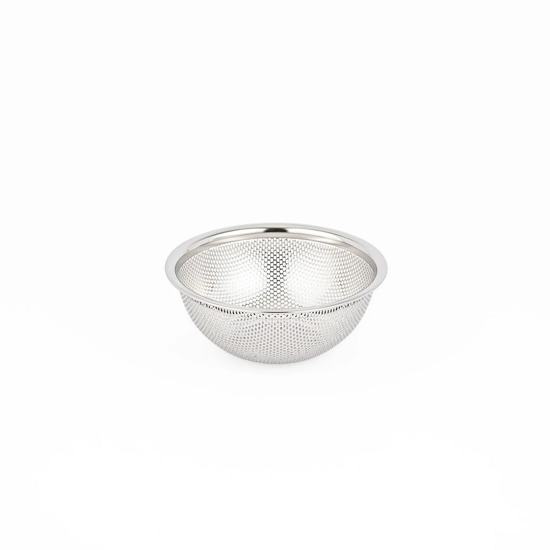 Japanese stainless steel mixing bowl and mesh strainer set, featuring an extra small colander for kitchen prep