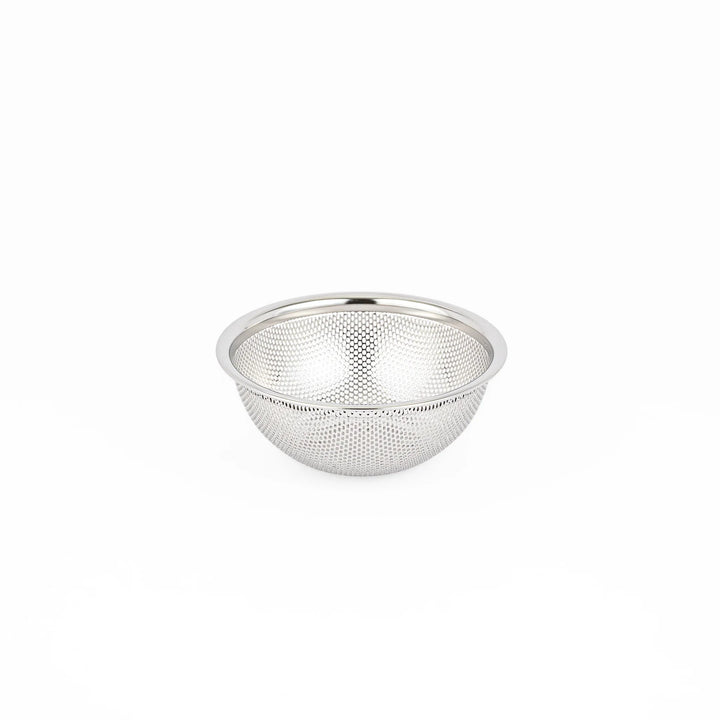 Japanese stainless steel mixing bowl and mesh strainer set, featuring an extra small colander for kitchen prep