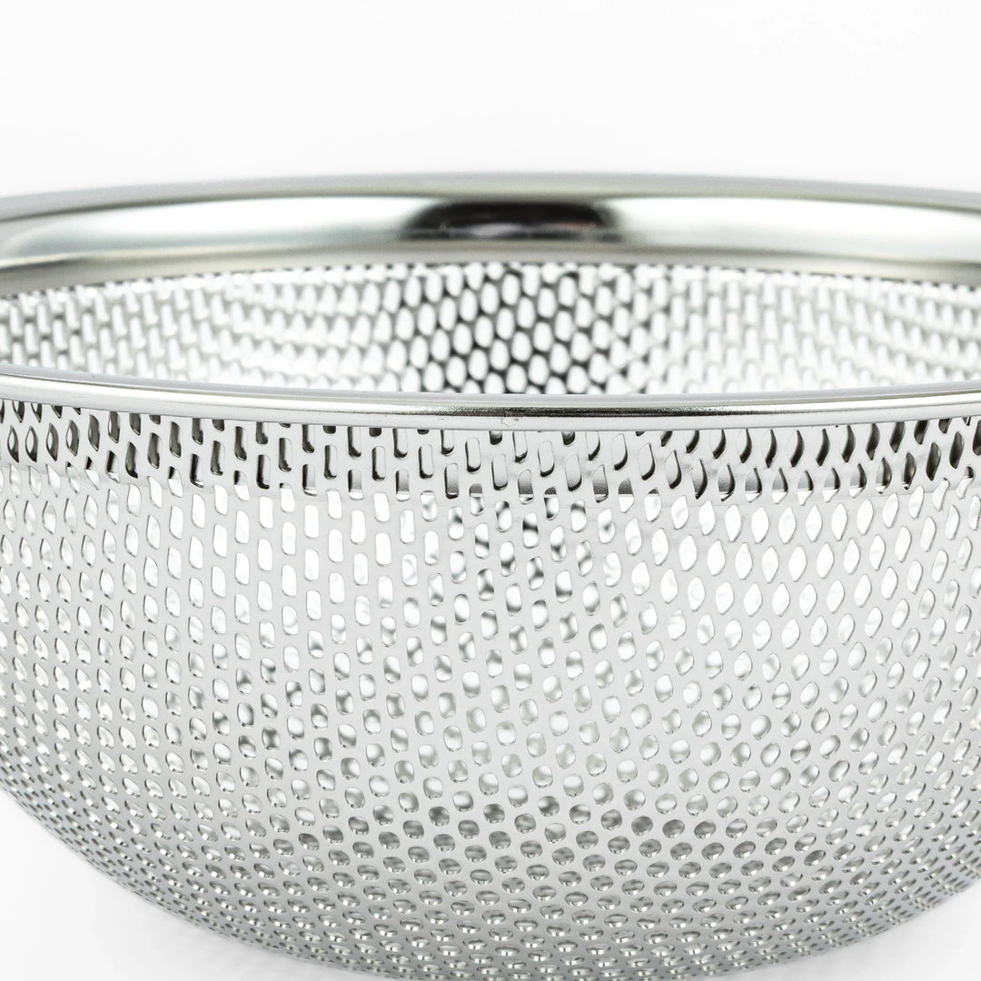 Japanese stainless steel mixing bowl and mesh strainer set, featuring an extra small colander for kitchen prep