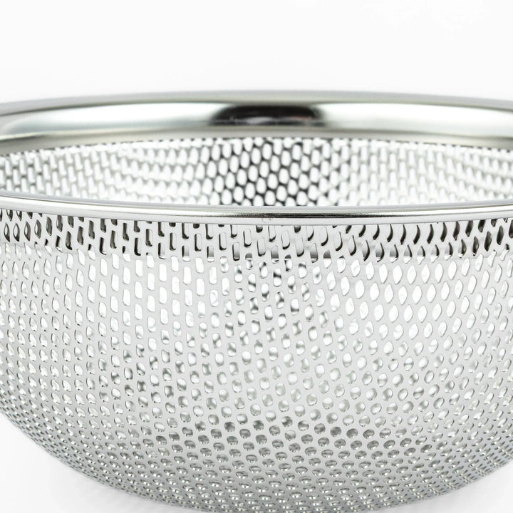 Japanese stainless steel mixing bowl and mesh strainer set, featuring an extra small colander for kitchen prep