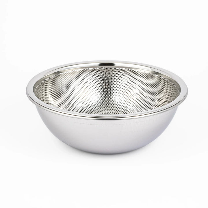 Japanese stainless steel mixing bowl and mesh strainer set, featuring an extra large colander for kitchen prep