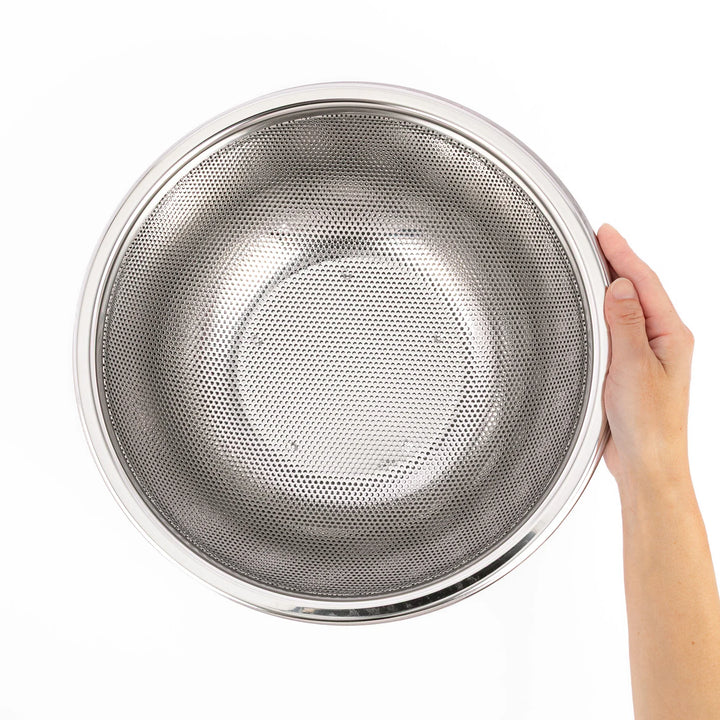Japanese stainless steel mixing bowl and mesh strainer set, featuring an extra large colander for kitchen prep