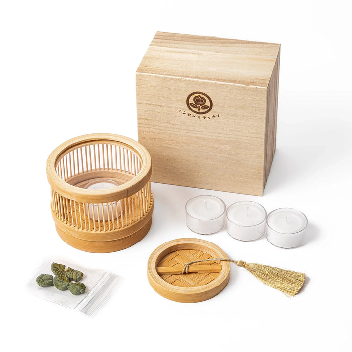 Japanese bamboo incense warmer set with glass holder and matcha scented incense pieces for relaxing aroma and home decor