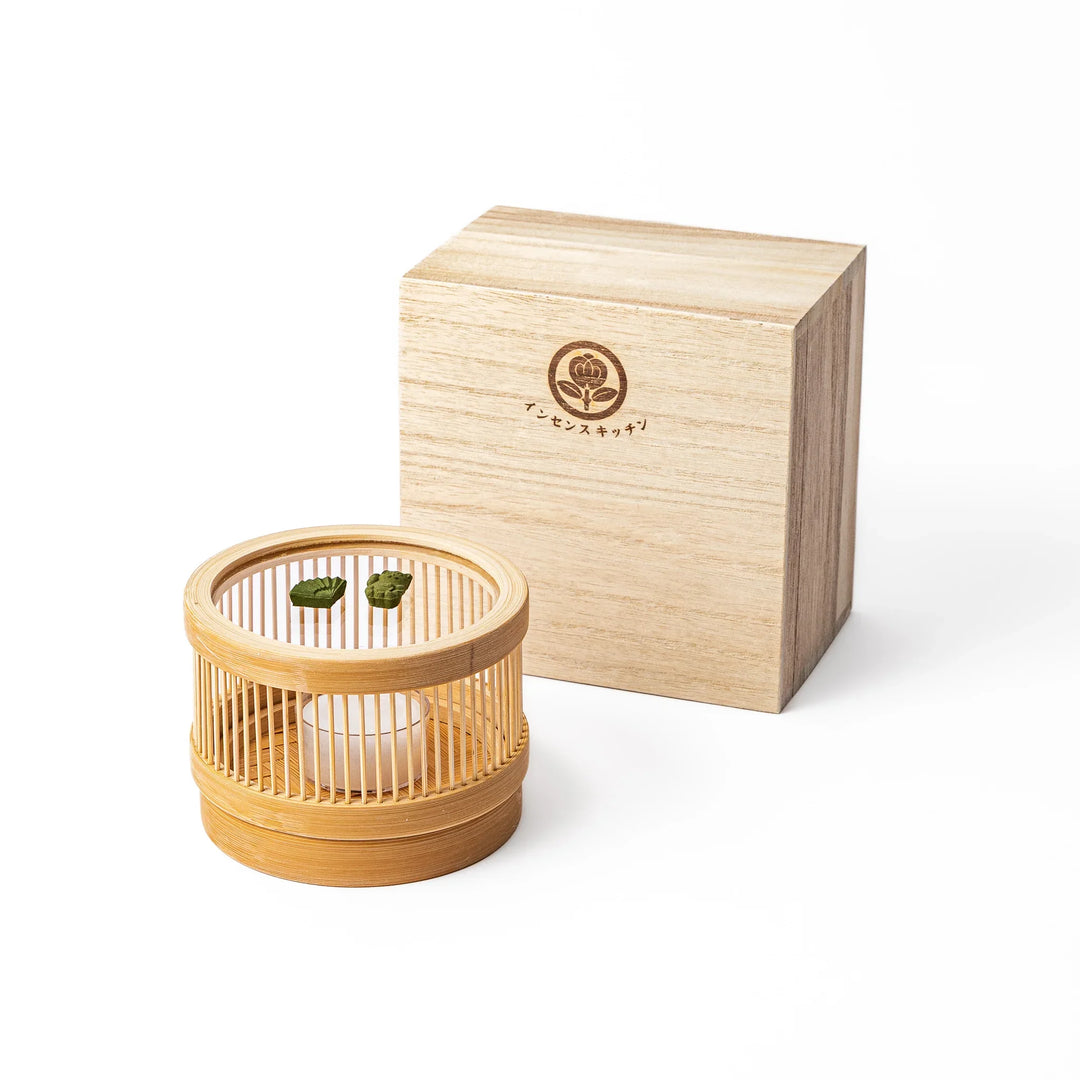 Japanese bamboo incense warmer set with glass holder and matcha scented incense pieces for relaxing aroma and home decor