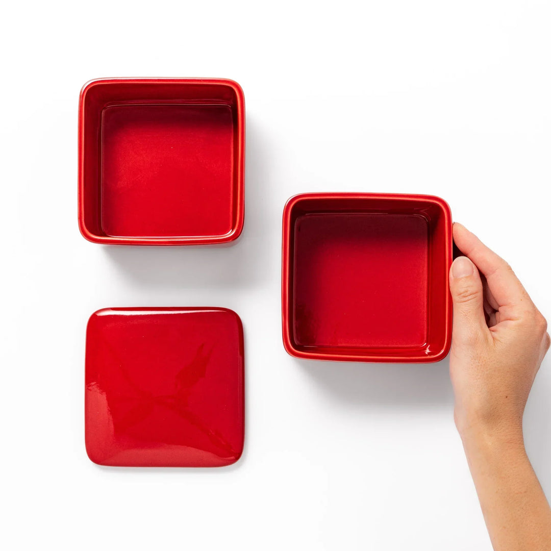 Vibrant red Japanese porcelain two tier bento box set with square design for stylish modern meal serving.