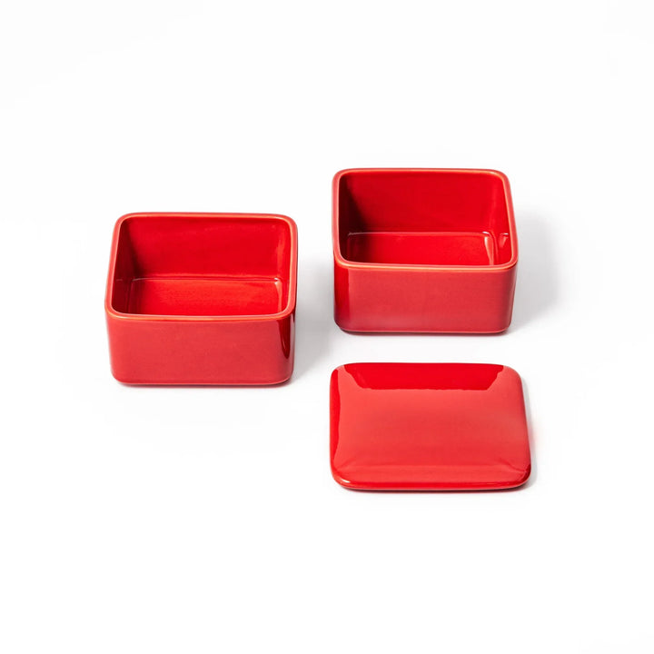 Vibrant red Japanese porcelain two tier bento box set with square design for stylish modern meal serving.