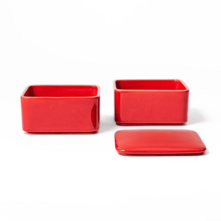 Vibrant red Japanese porcelain two tier bento box set with square design for stylish modern meal serving.