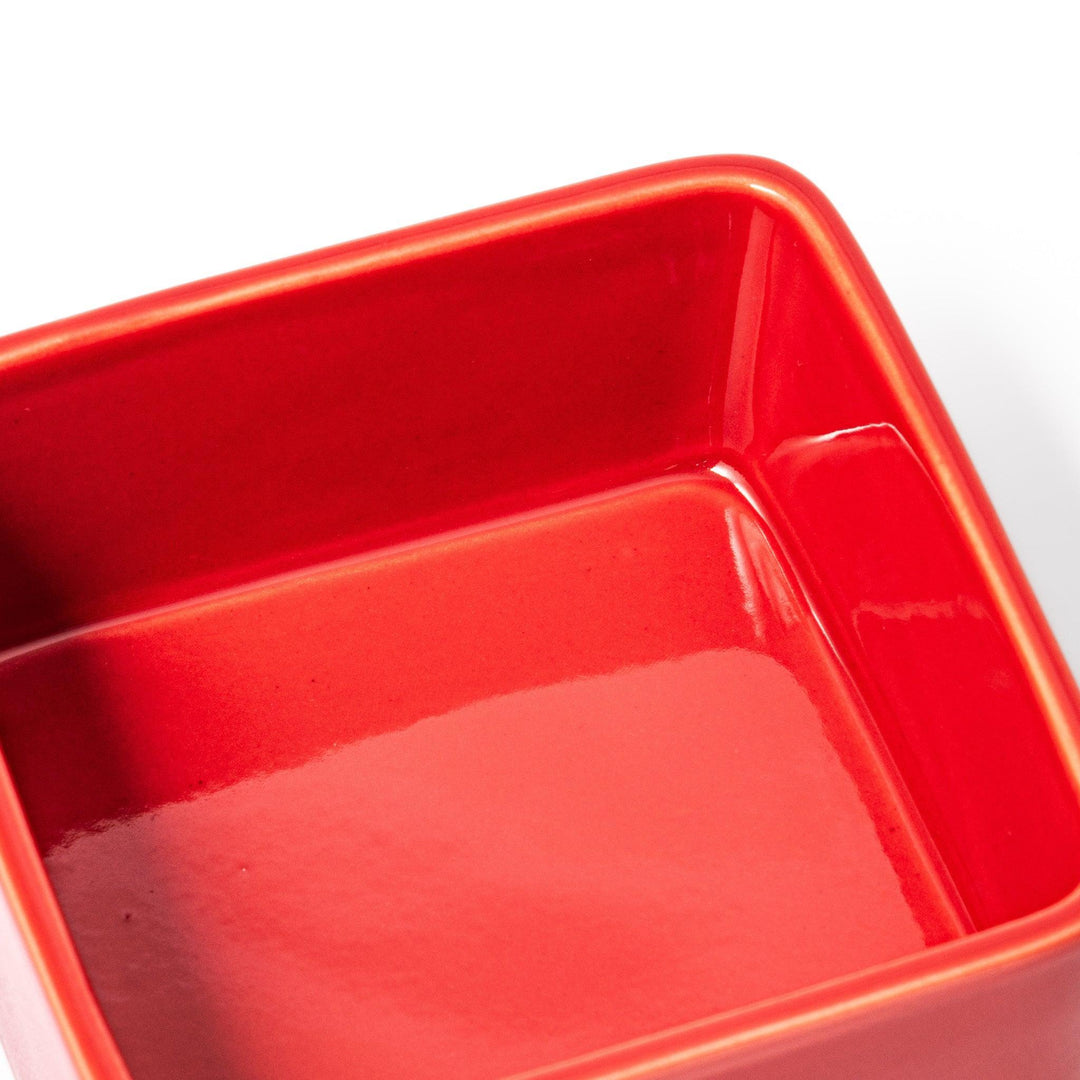 Vibrant red Japanese porcelain two tier bento box set with square design for stylish modern meal serving.