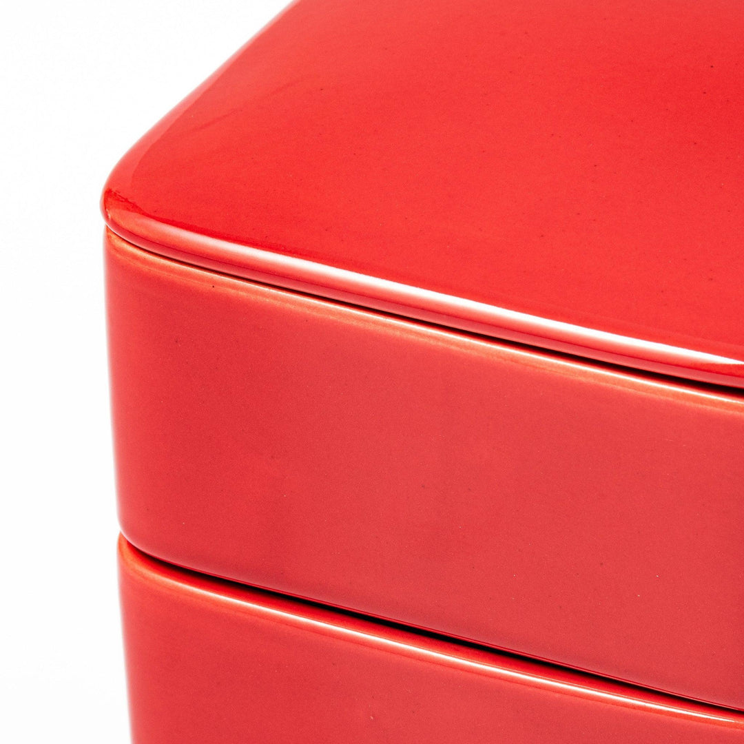 Vibrant red Japanese porcelain two tier bento box set with square design for stylish modern meal serving.