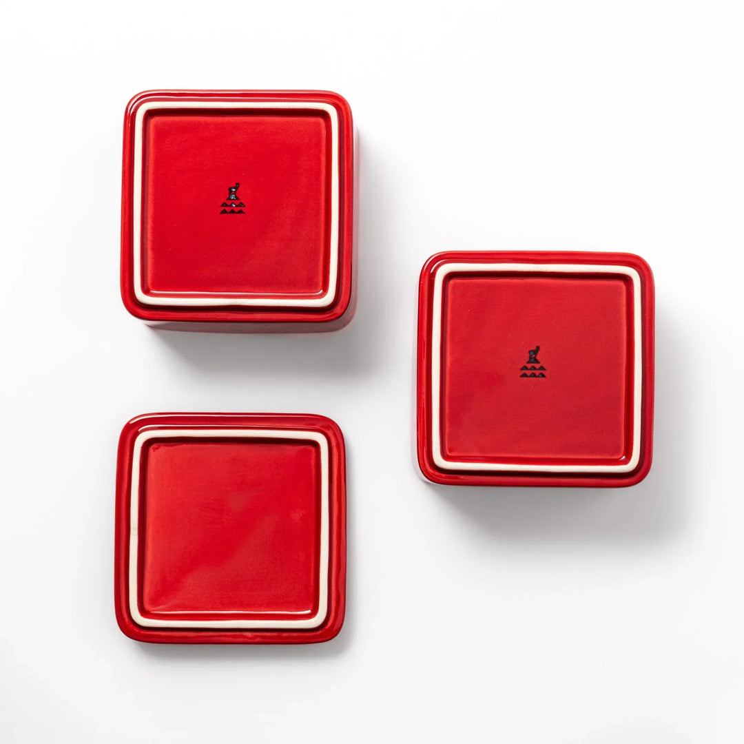 Vibrant red Japanese porcelain two tier bento box set with square design for stylish modern meal serving.