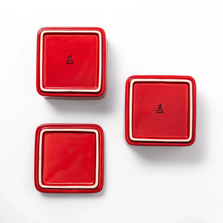 Vibrant red Japanese porcelain two tier bento box set with square design for stylish modern meal serving.