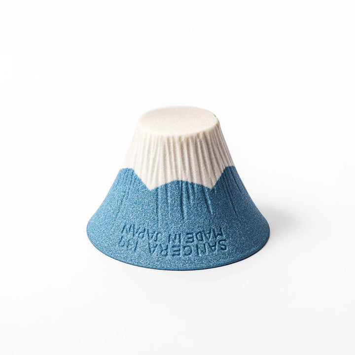 Sky blue Mount Fuji ceramic coffee filter with snowy peak handcrafted in Japan for reusable pour over brewing.