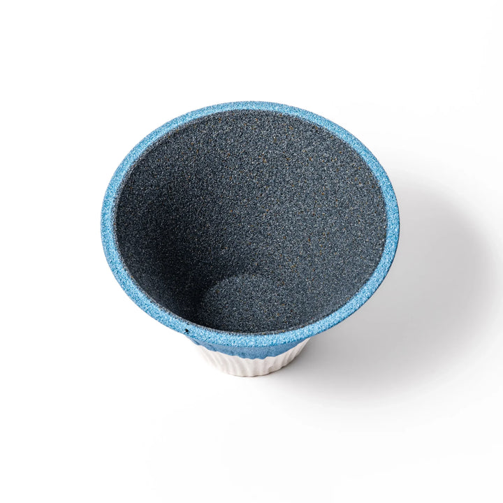 Sky blue Mount Fuji ceramic coffee filter with snowy peak handcrafted in Japan for reusable pour over brewing.