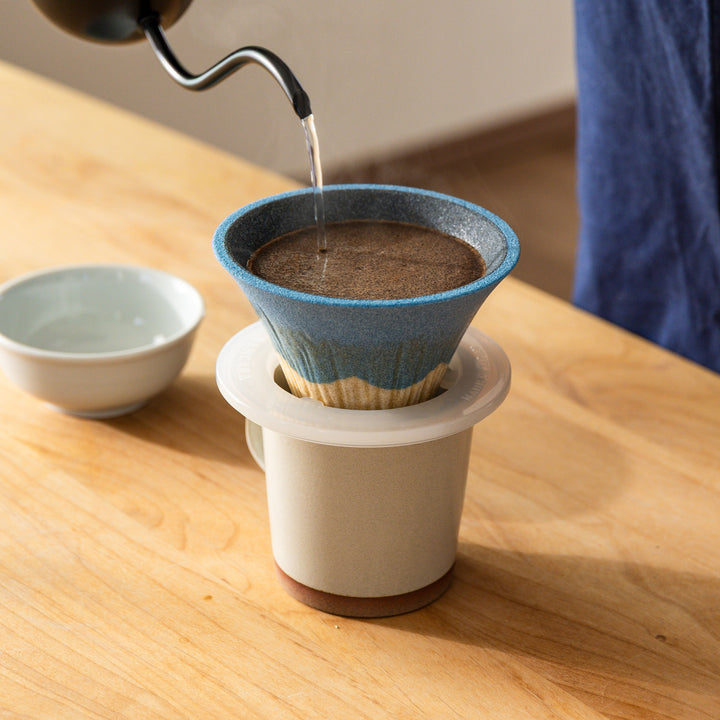 Mount Fuji ceramic coffee filter brewing coffee directly into ceramic mug