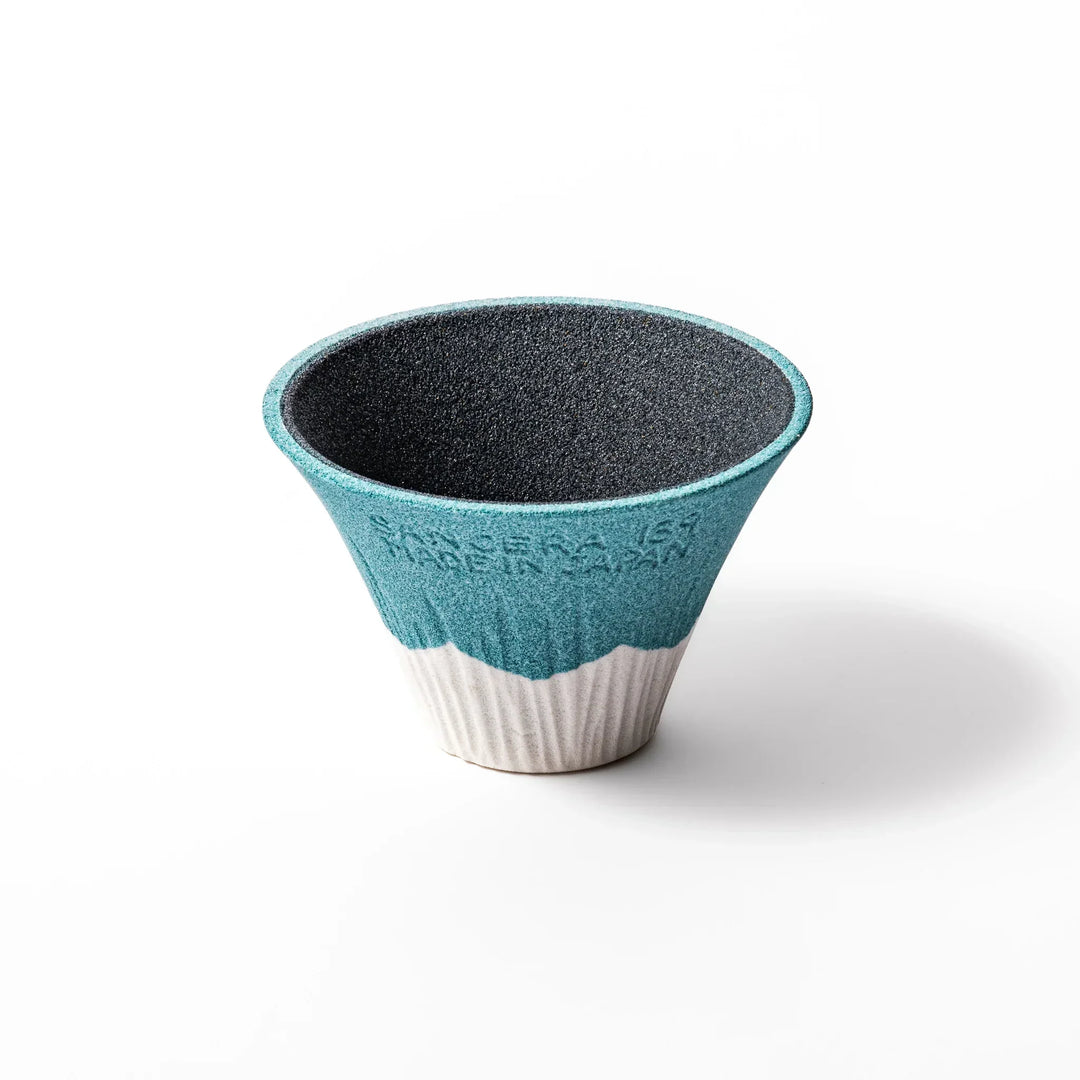 Turquoise Mount Fuji ceramic coffee filter with snowy peak handcrafted in Japan for unique pour over brewing.